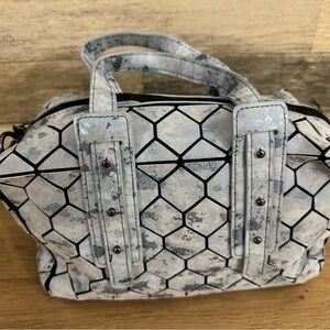 Modern Geometric Women's Satchel in Black and Soft Blue.